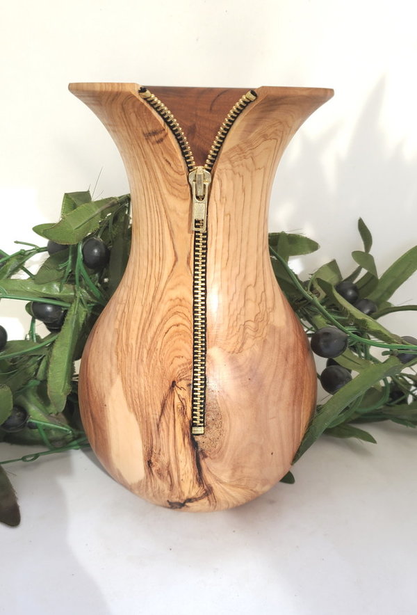 Olivenholz Vase mit Reißverschluss natur